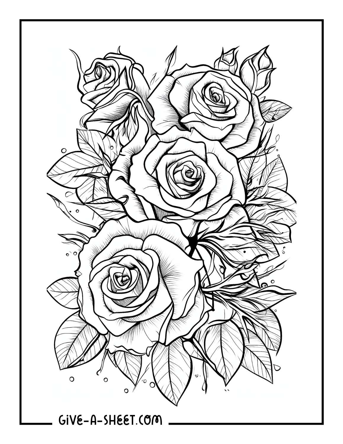 Detailed roses tattoo coloring sheet.