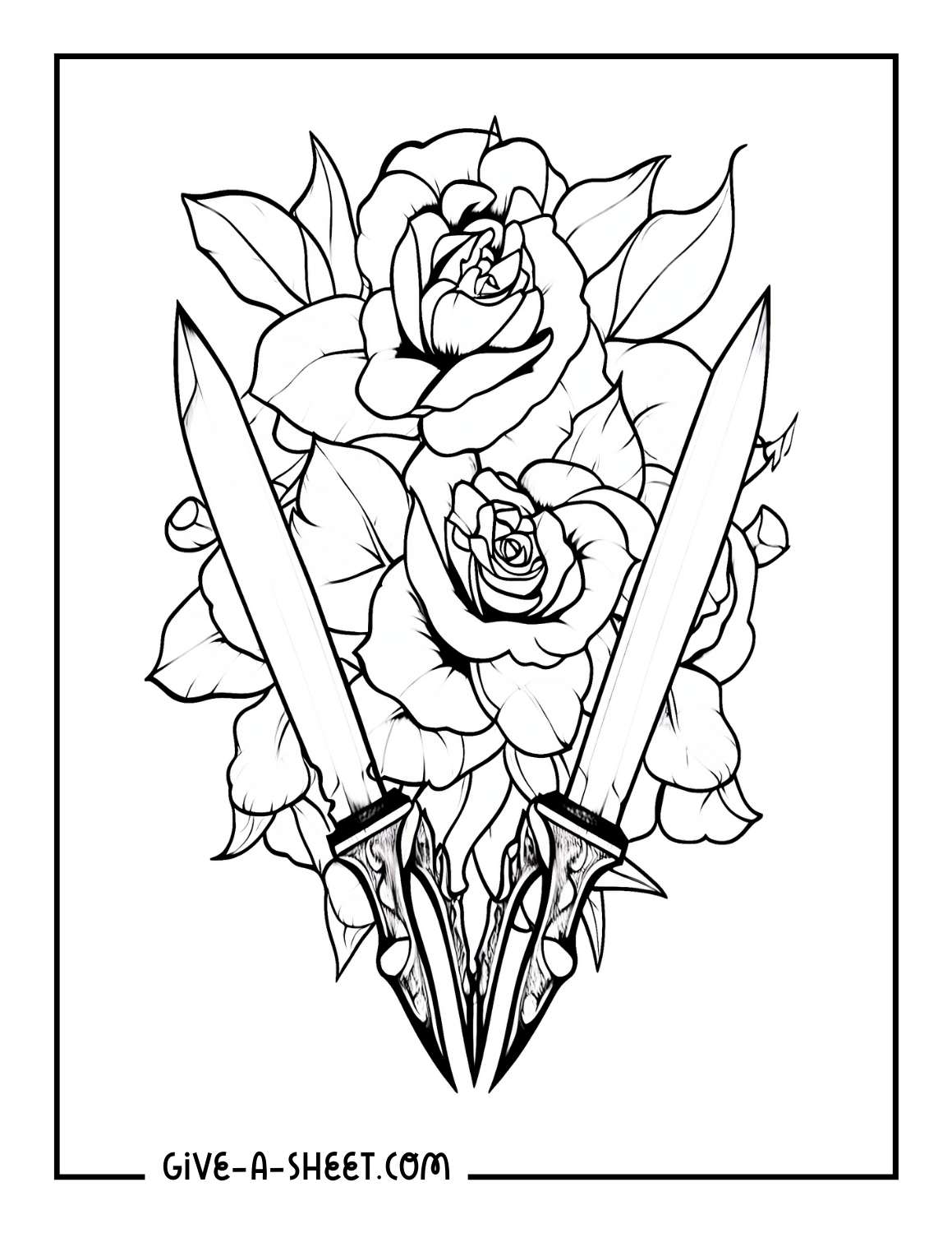 Roses with two swords tattoo coloring page.
