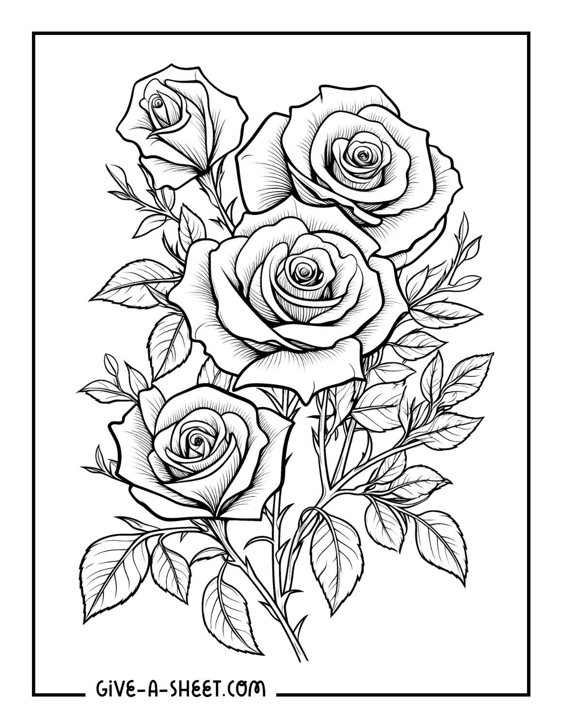 Four roses with leaves tattoo coloring page.