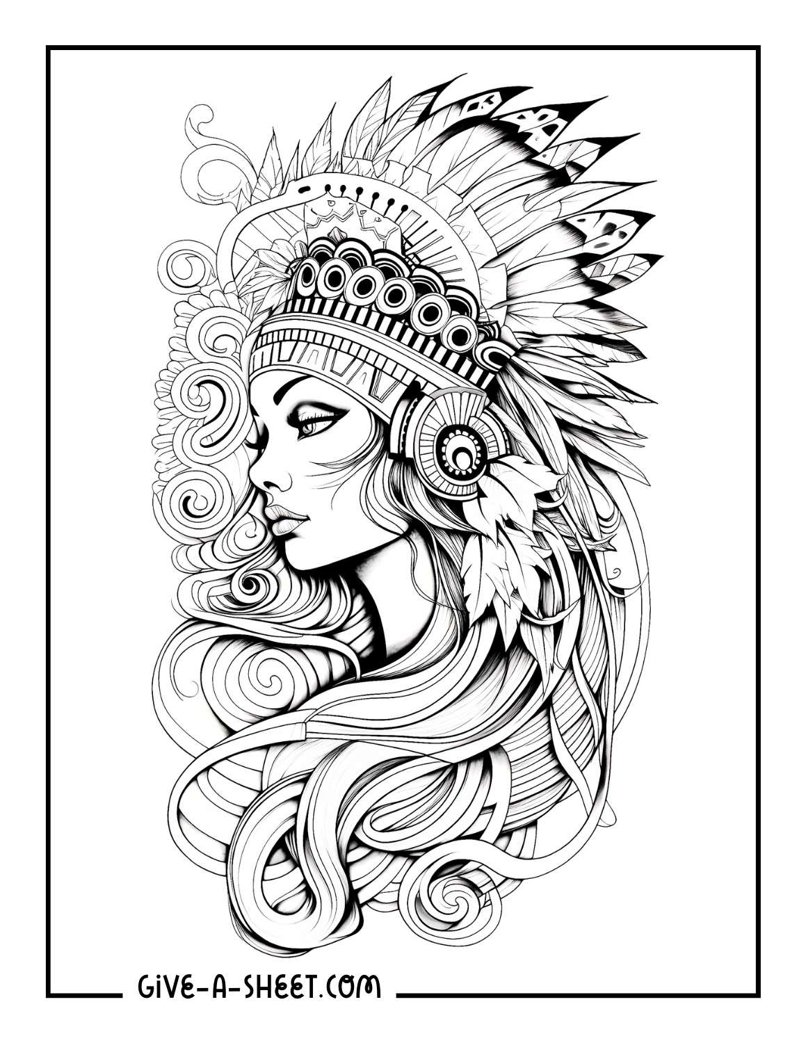 Tribal Goddess Tattoo coloring page for adults.