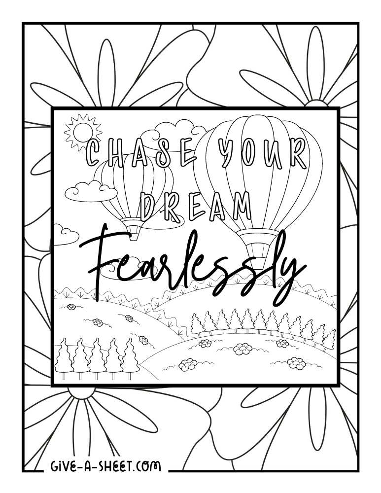 Hot air balloon motivational printable coloring page for kids.