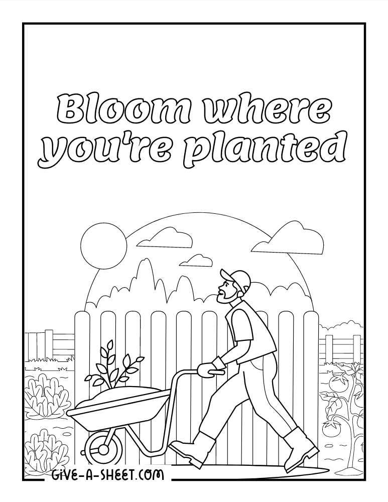Gardening quote coloring page for kids.