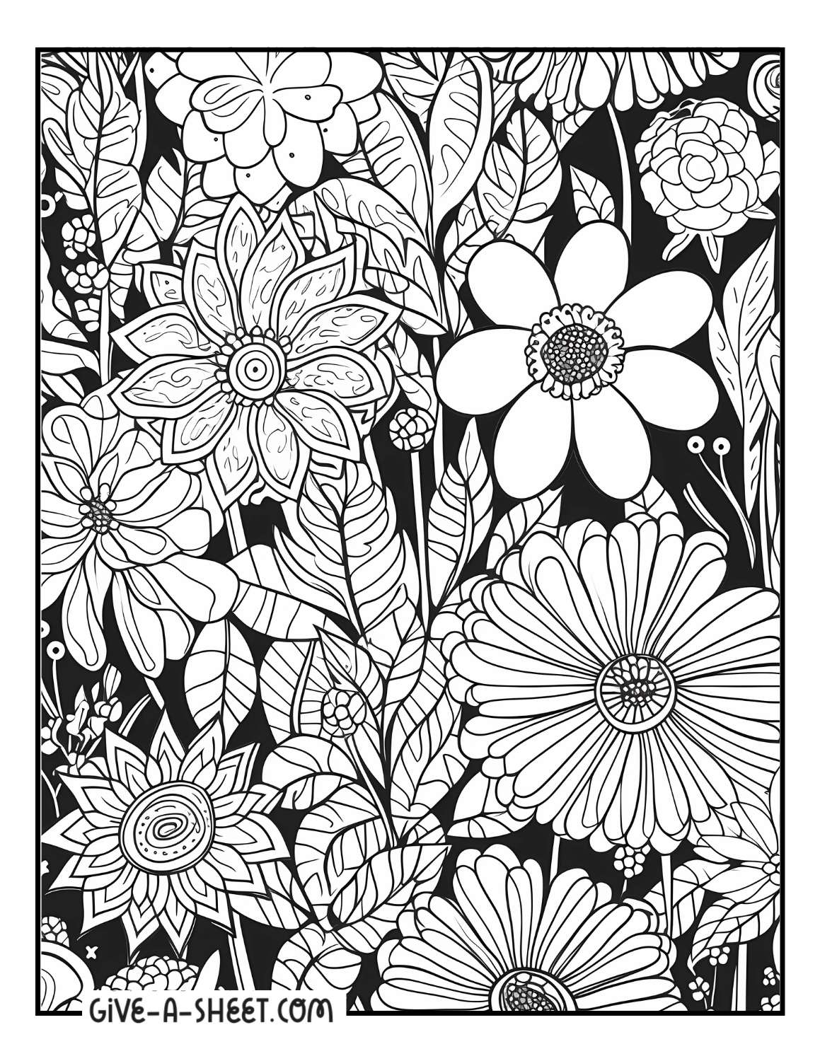 Detailed flowers coloring page for adults.