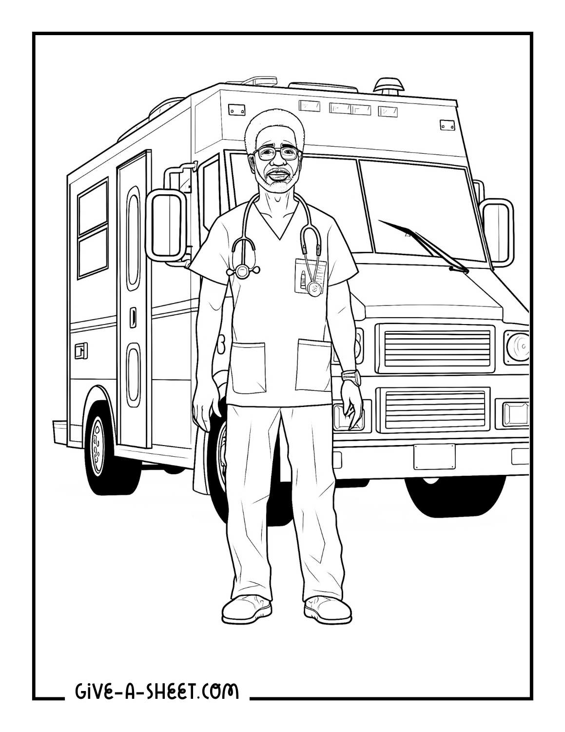 A male doctor with an ambulance.