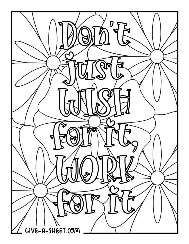 Simple floral positive message printable coloring page.