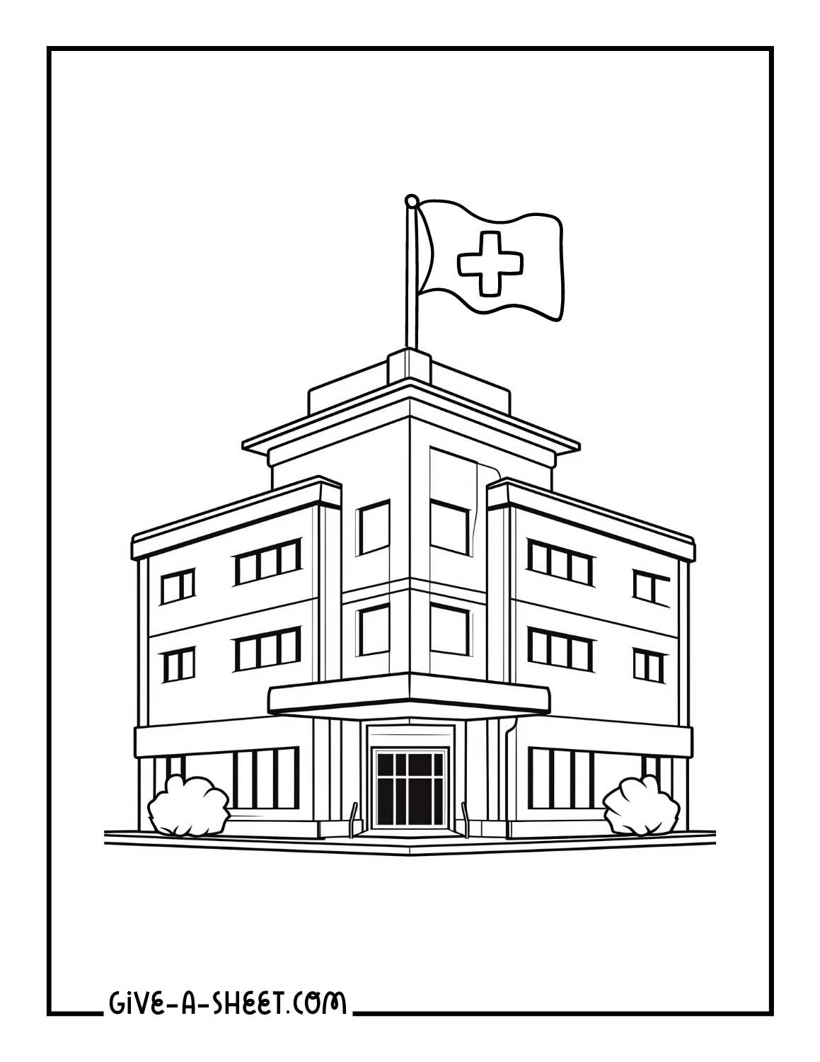 Hospital with a red cross flag.