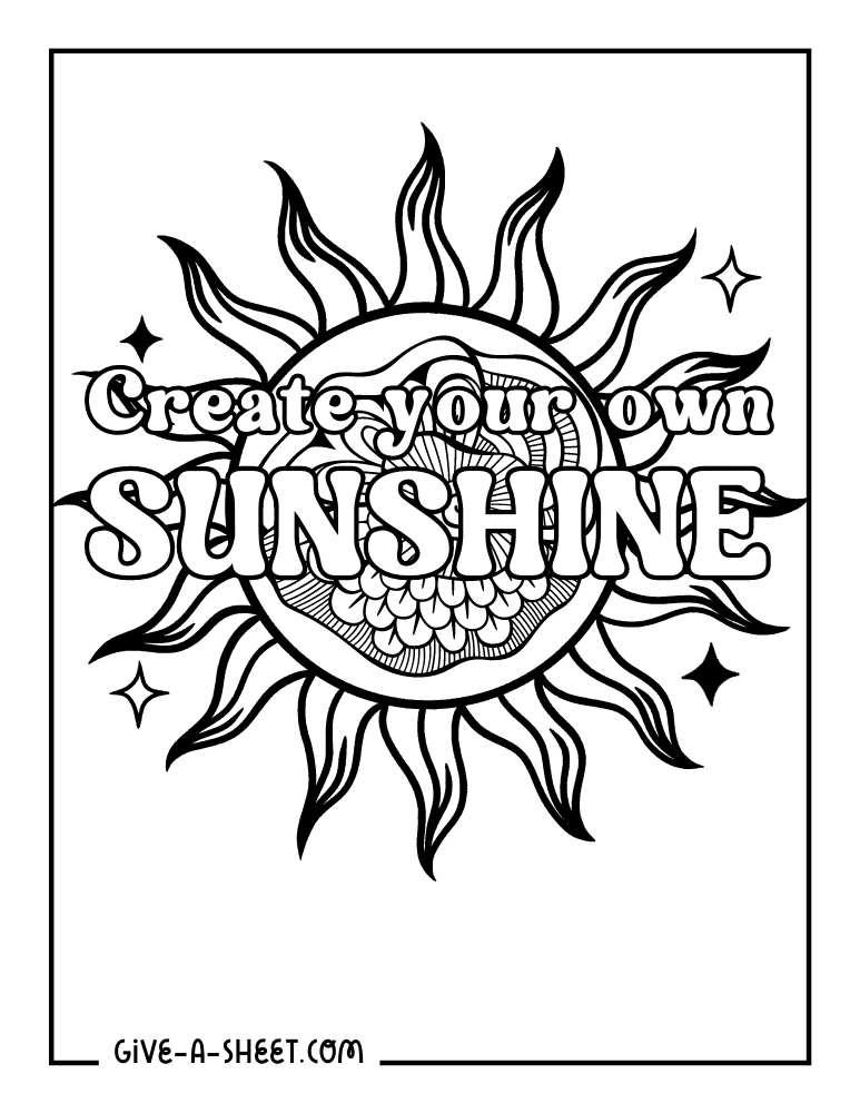 Curly sun coloring page with positive quote.