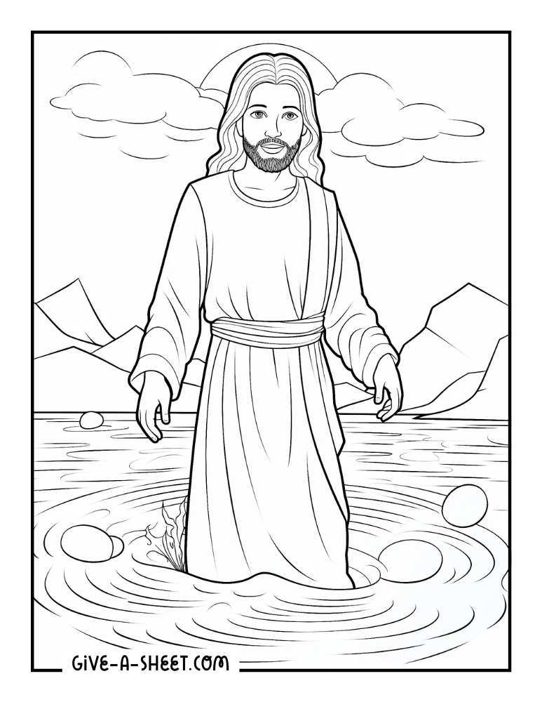 Matthew 3:13-17 verse baptism of Jesus on Jordan river to color in.