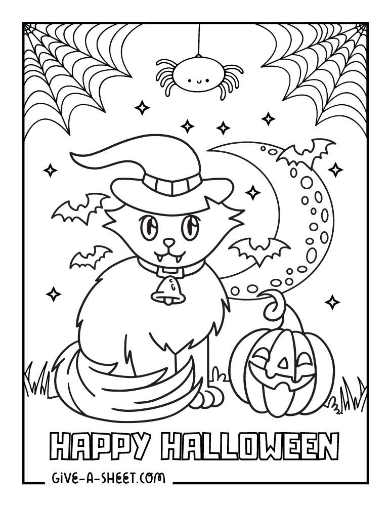 Cat witch for Halloween coloring page for kids.