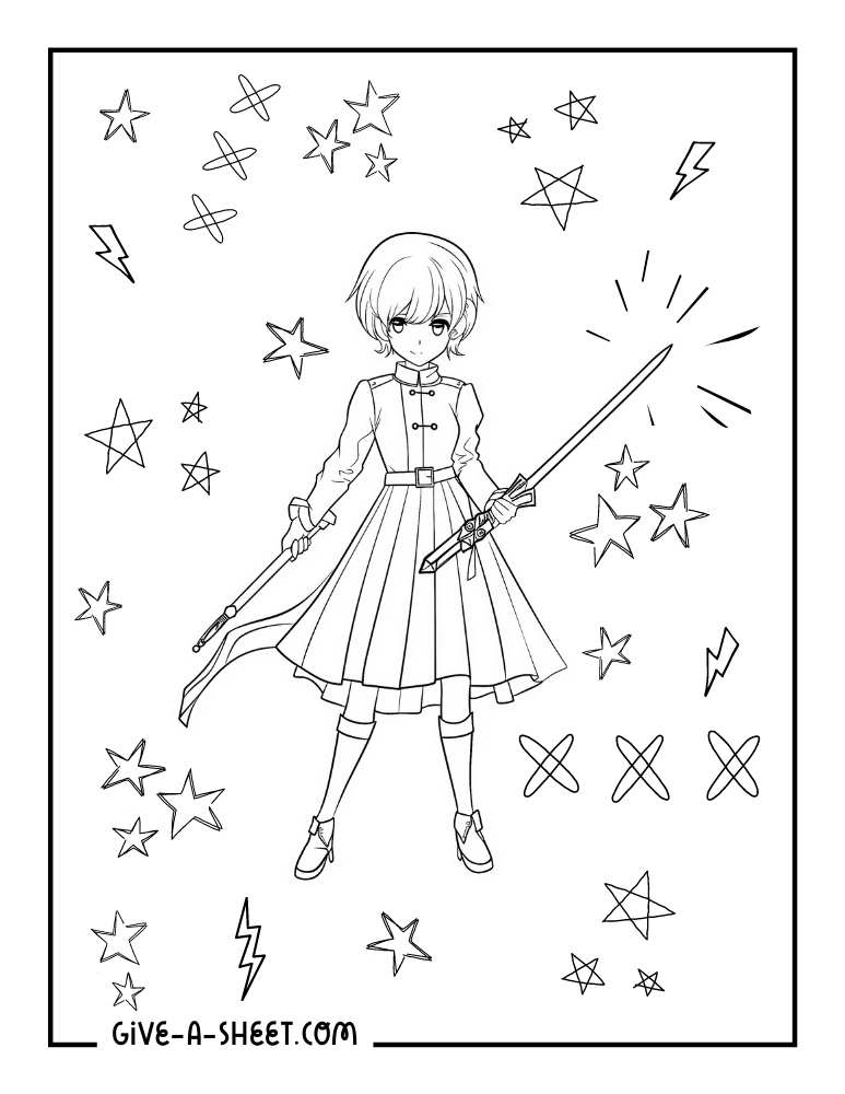 Anime girl with sword printable coloring sheet.