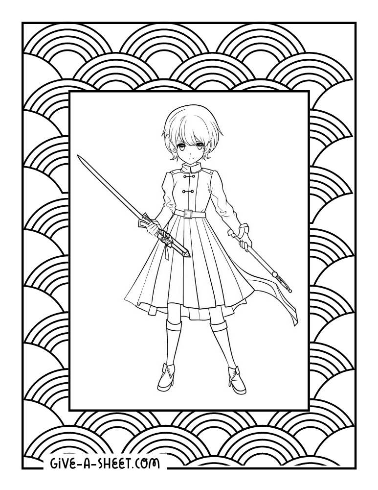 Anime girl with sword printable coloring page.