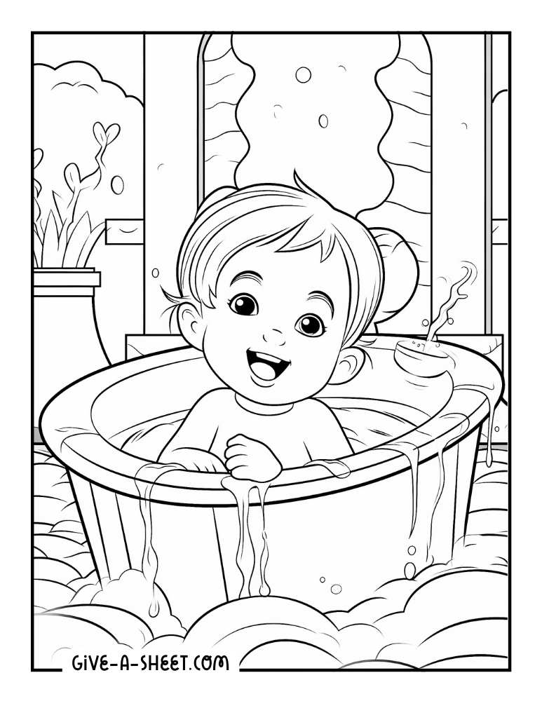 A child on a bath tub during baptism coloring page for kids.