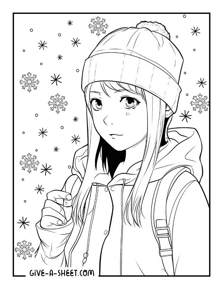 Winter anime girl with a beanie to color in.