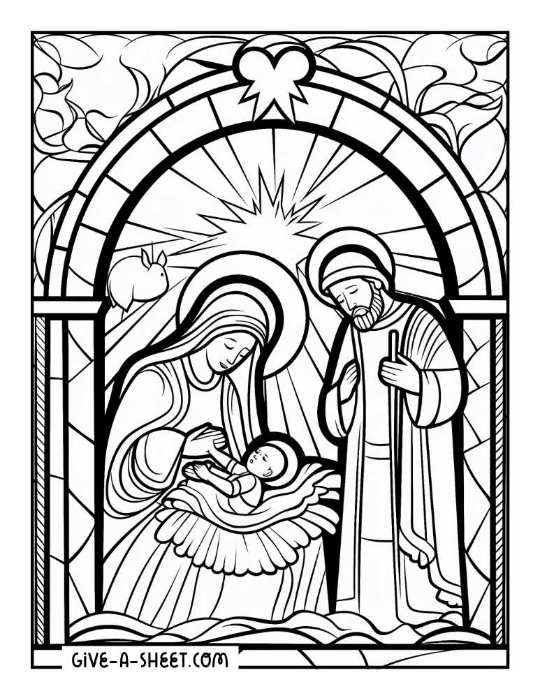 Birth of Jesus with Mary and Joseph coloring sheet.