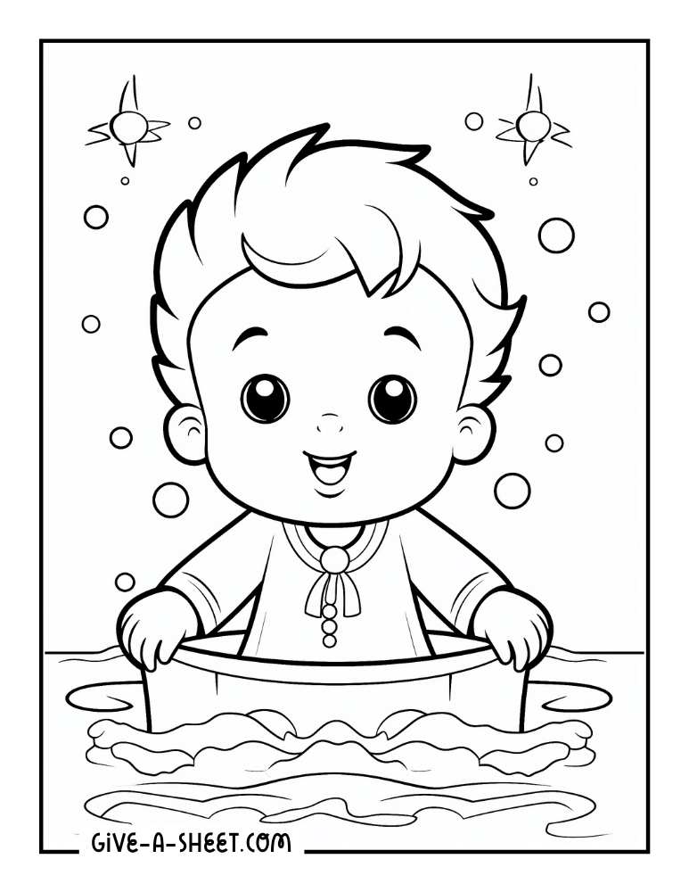 Easy doodle child on a baptism tub coloring page for kids.