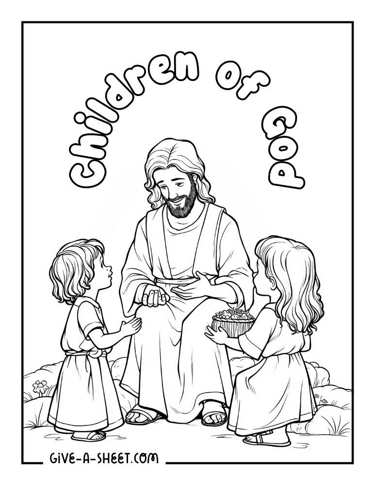 Christ telling a story to two children coloring page for kids.