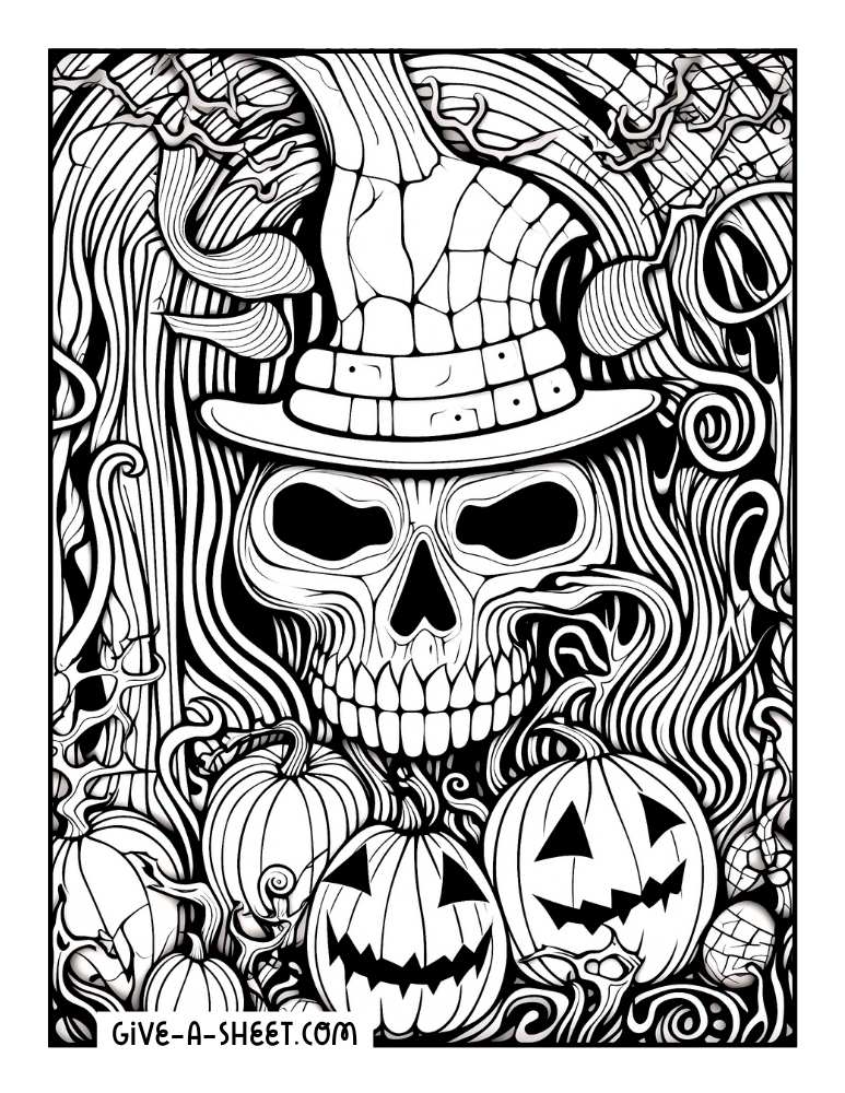 Skeleton with hat halloween zentangle coloring sheet for adults.