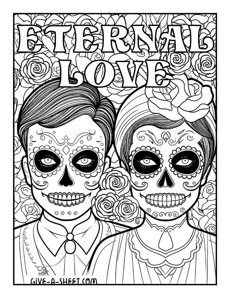 Sugar skull couple coloring page for adults.