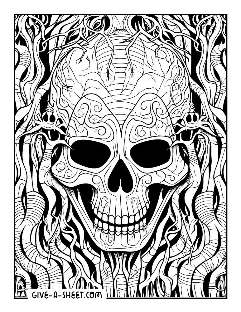 Creepy skull halloween zentangle coloring page for adults.
