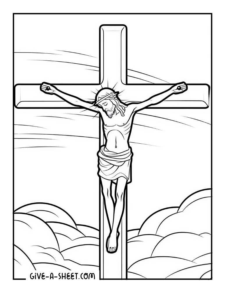 Jesus crucified on the cross coloring sheet.