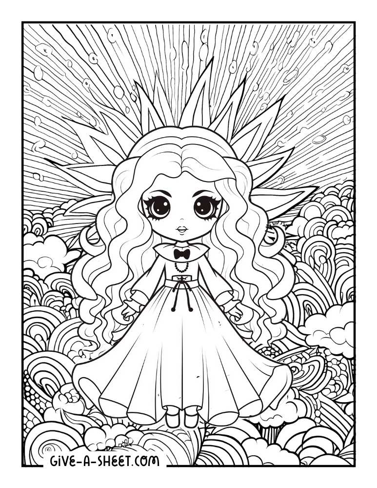 Princess halloween coloring sheet on a creepy detailed background.