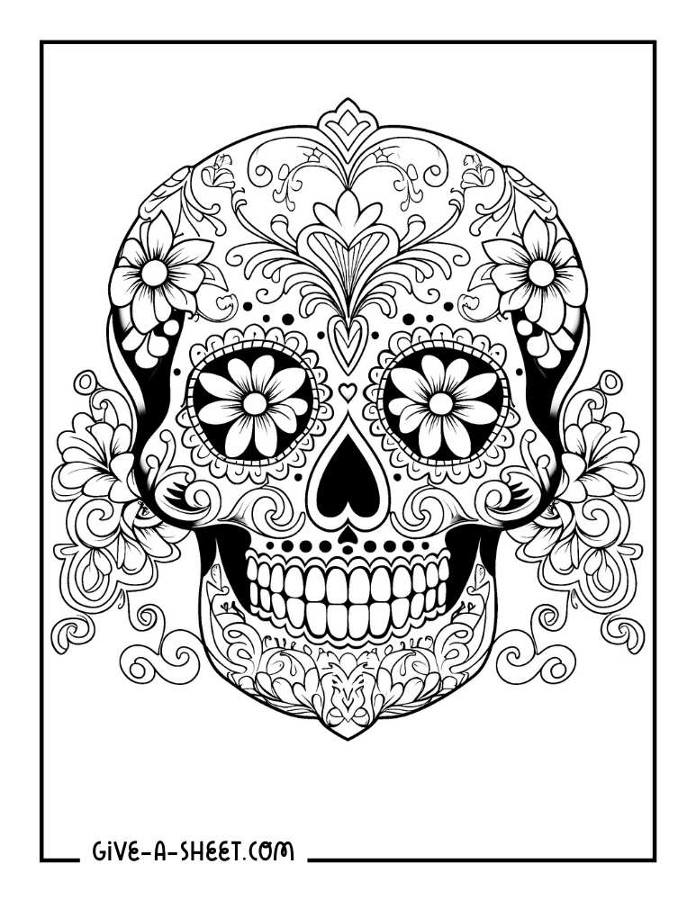 Floral dia muertos sugar skull coloring sheet.