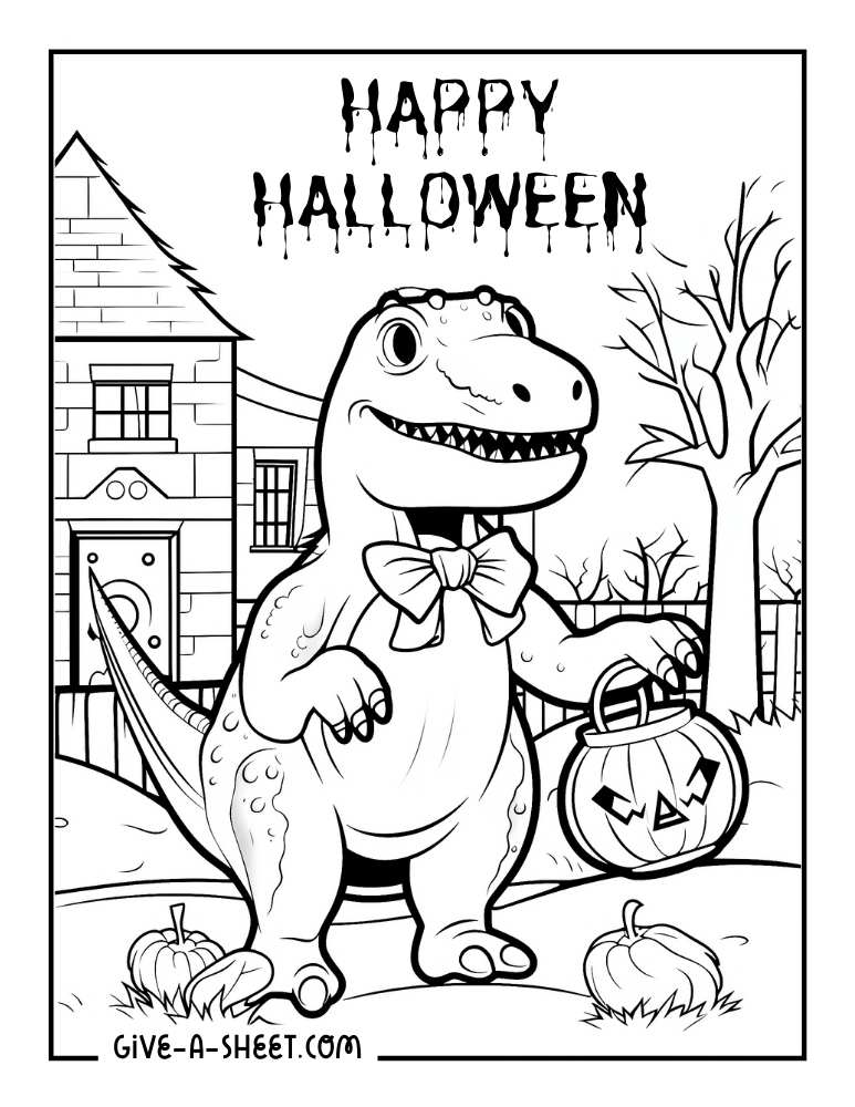 Trick or treat dinosaur with pumpkin halloween coloring sheet.