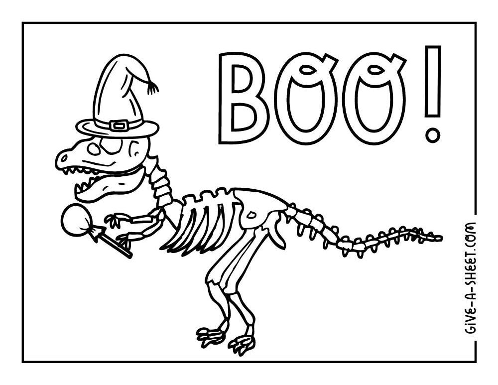 Witch dinosaur skeleton with lollipop coloring page.