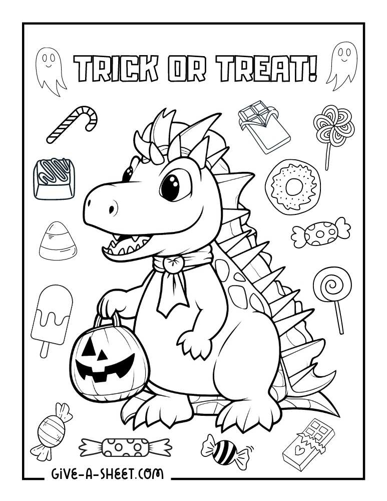 Cute dinosaur sweets halloween coloring page.