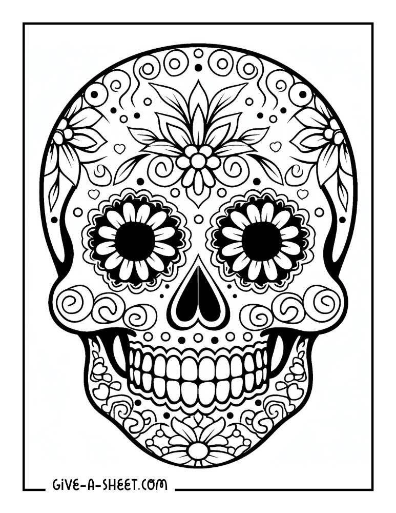 Detailed Mexican sugar skull coloring page.
