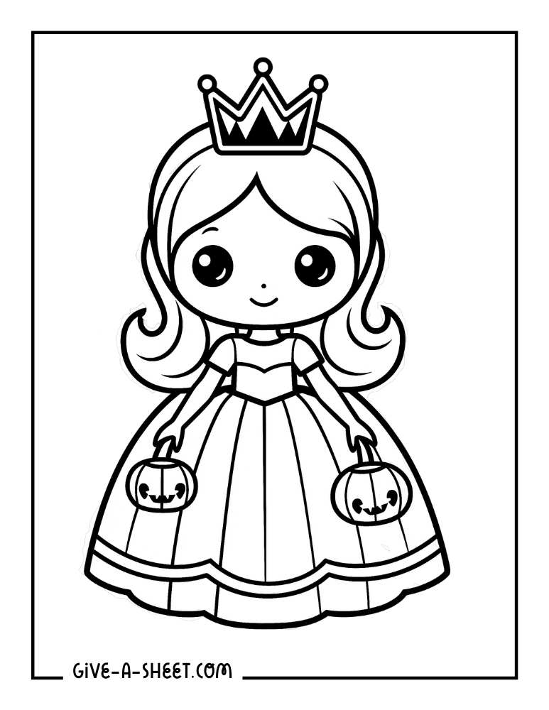 Simple princess halloween coloring page for kids.