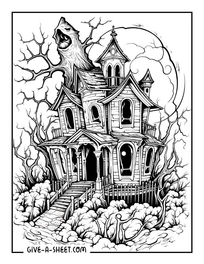 Eerie halloween house coloring page.