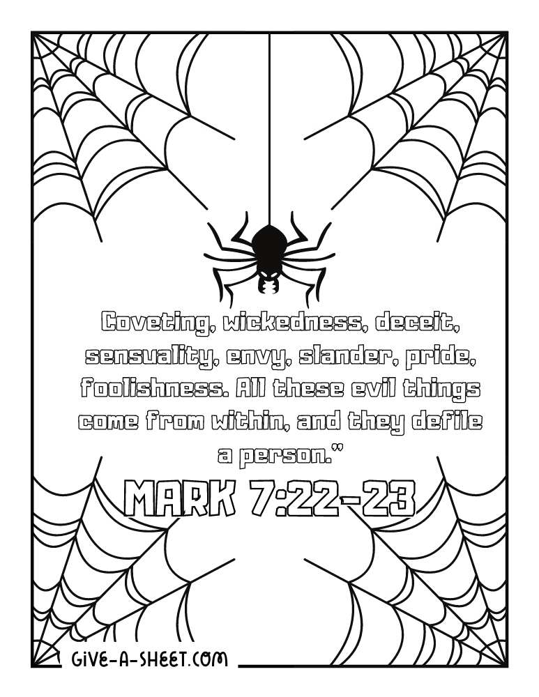 Spider web and Christian quote Halloween coloring page.