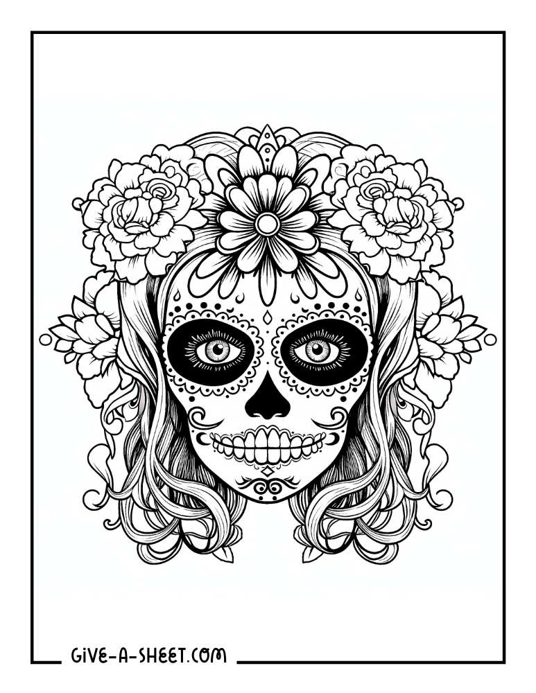 Pretty floral sugar skull woman coloring page.