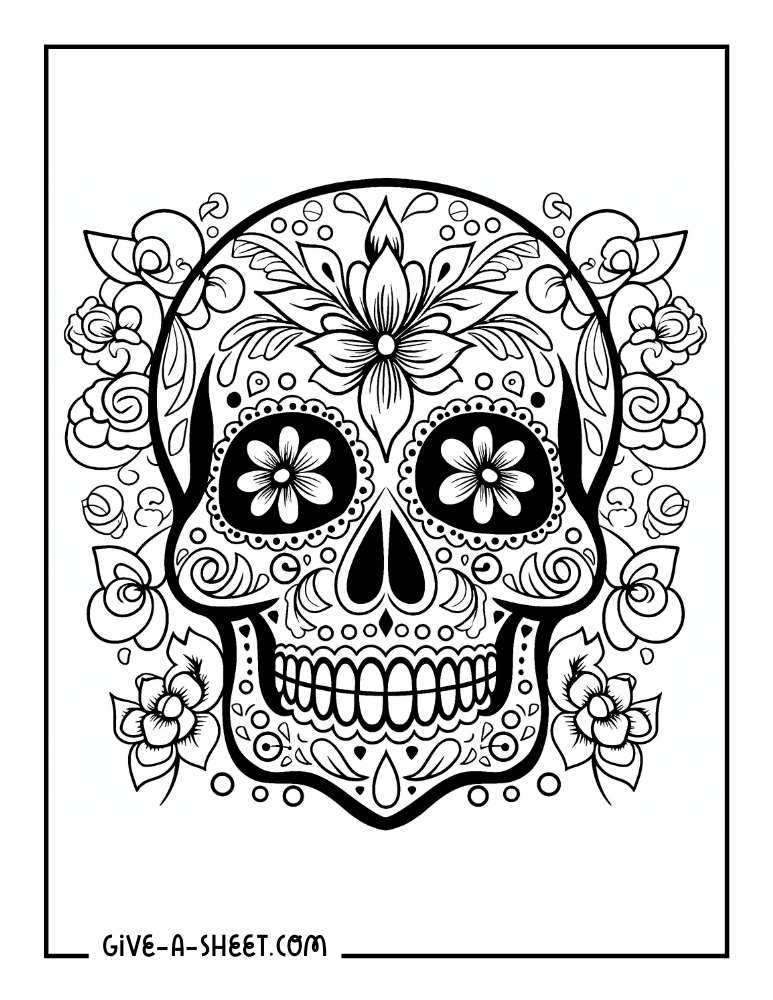 Sugar skull with flowers coloring page.