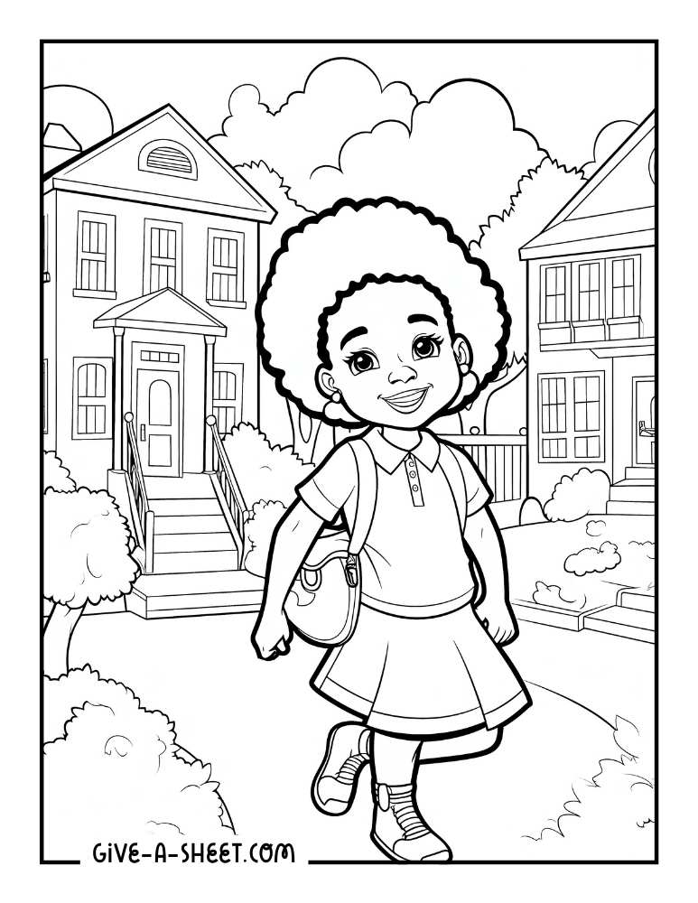 Girl outside school building back to school coloring page.