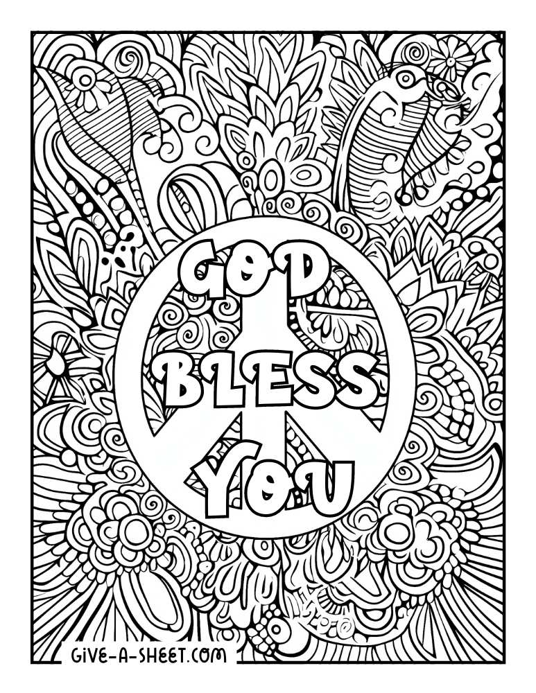 Detailed god bless coloring sheet for adults.