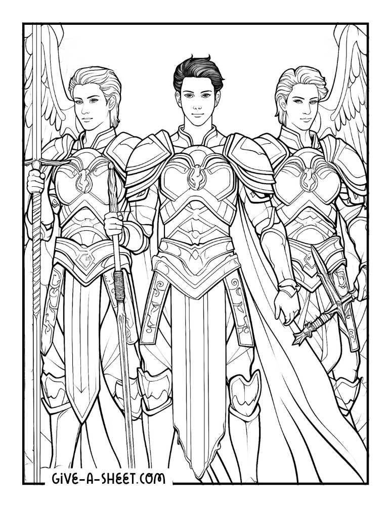 Archangel Michael, Raphael and Gabriel coloring page.