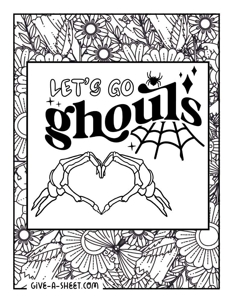 Floral background ghouls halloween coloring page for adults.