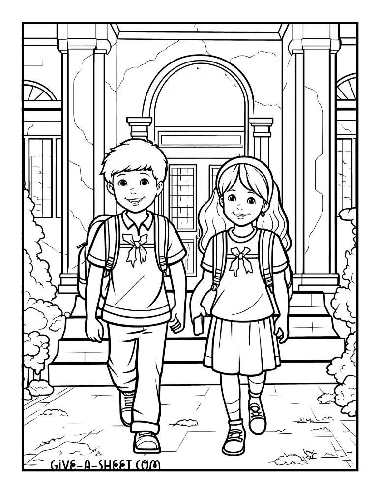 Older kids during first day of school coloring page.
