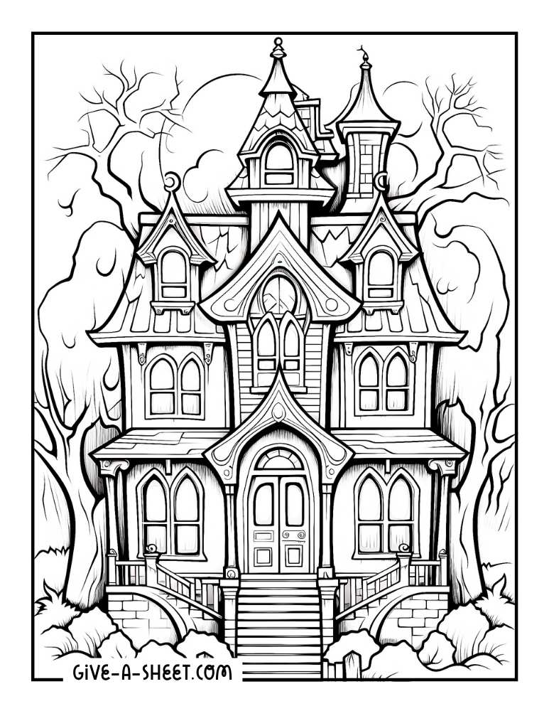 Haunted house halloween to color for adults.