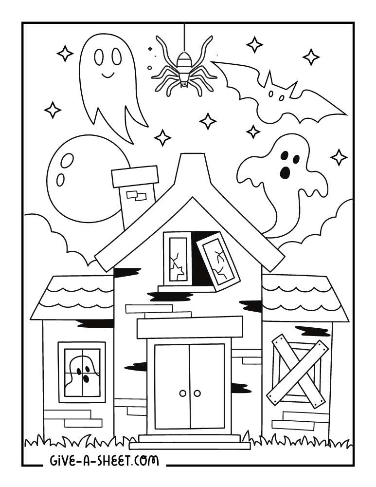 Cute haunted house coloring sheet for kids.