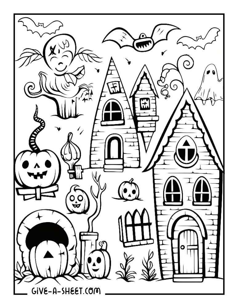 Cute haunted house halloween coloring sheet for kids.