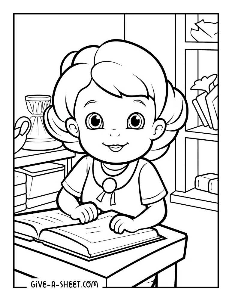 Girl doing school activities on classroom coloring page.