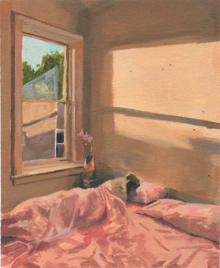 A painting of a woman lying on bed while facing the window.