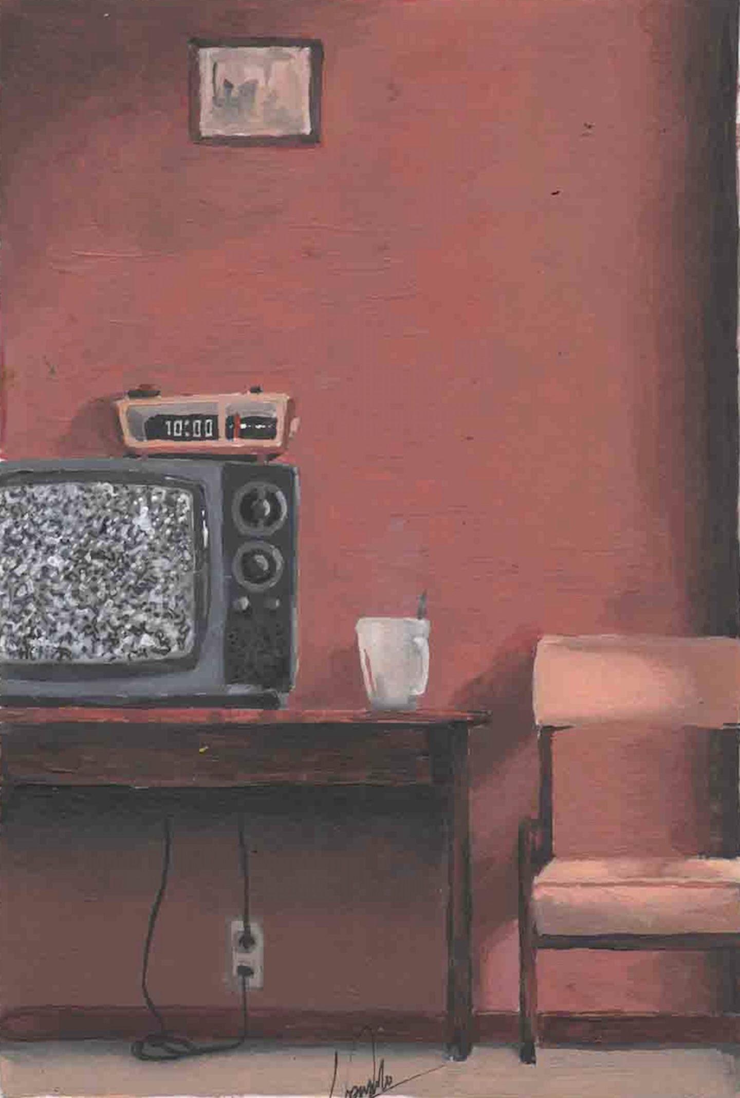 A painting of a table with a television, clock, a glass and a chair.