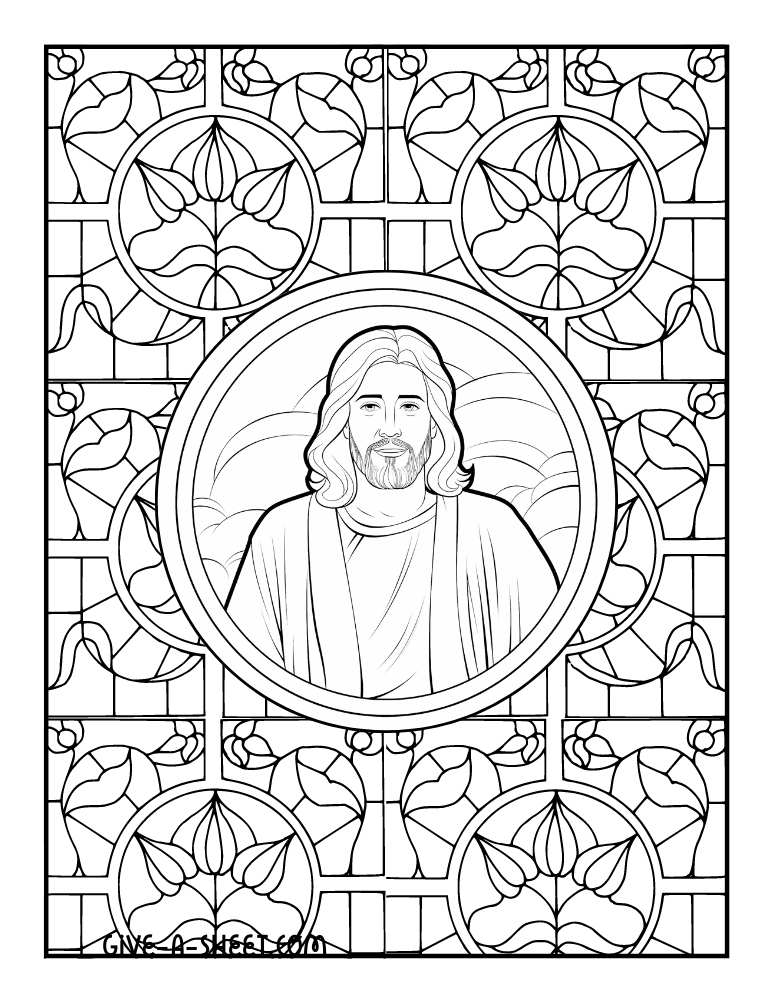 Detailed stained glass windows and a portrait of Jesus coloring sheet for adults.