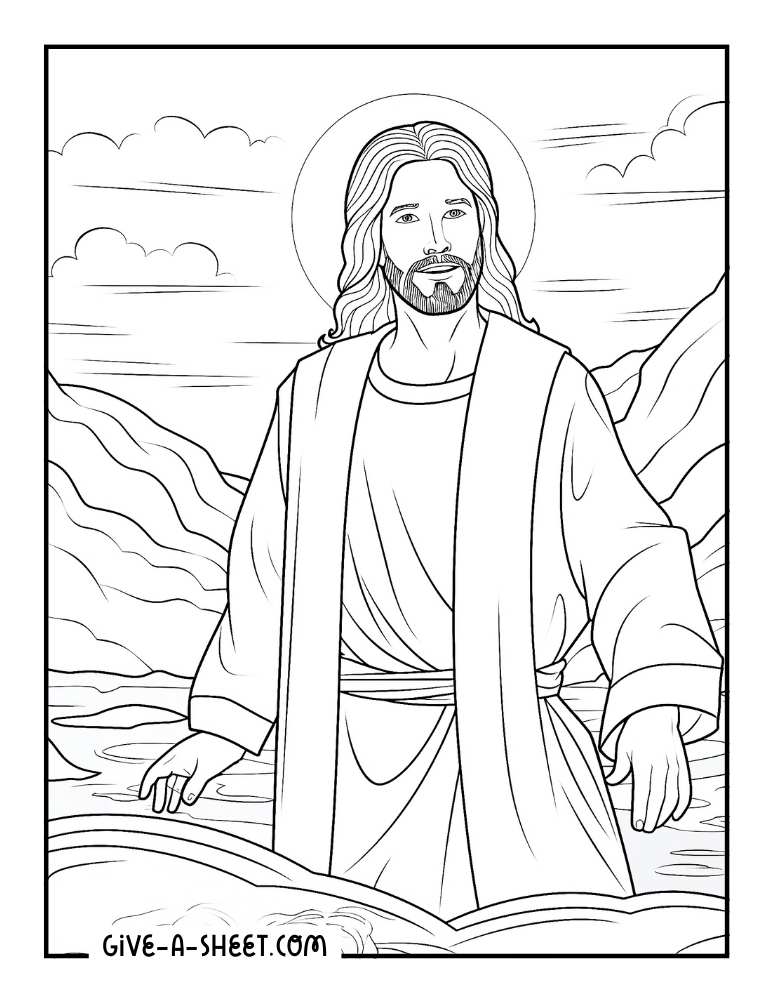 Jesus baptism on the Jordan river coloring sheet.