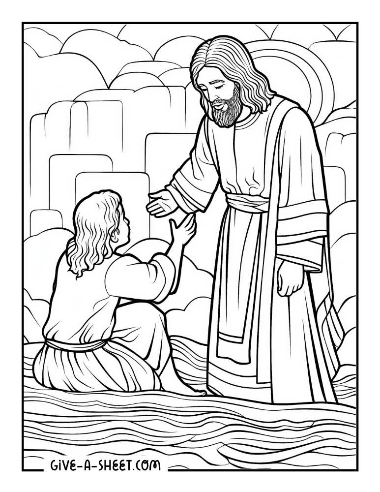 John the Baptist baptizing Jesus coloring sheet.