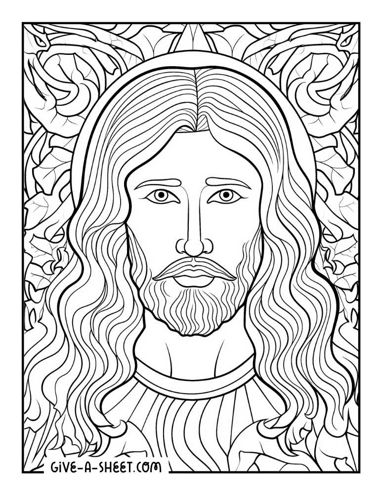 Detailed portrait of Jesus coloring page.